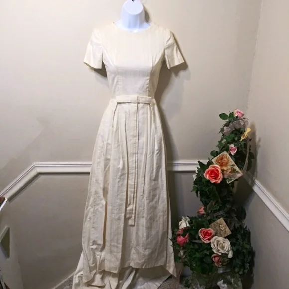 Vintage 50's Handmade Bow Trimmed Embroidered Stripe Ivory Brocade Wedding Dress - Picture 13 of 13